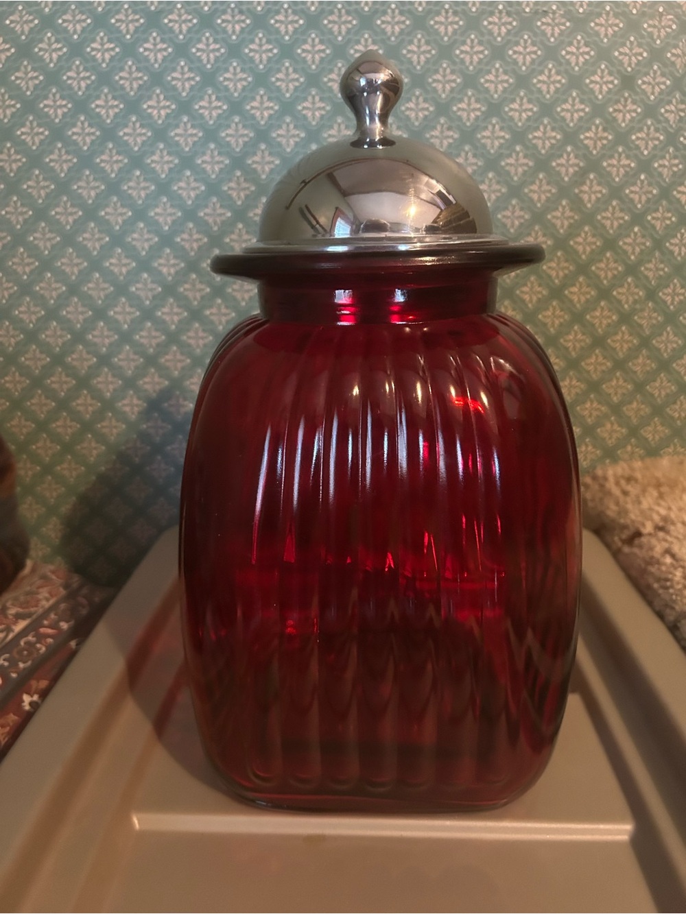 Vintage Artland Red Glass Canister with Silver Lid - Home Accents